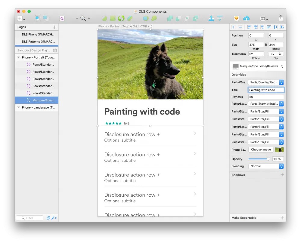 A screenshot of a Sketch file in which the designer is using Airbnb's Design Language System symbols